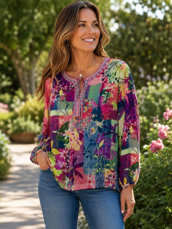 Christopher & Banks Tops - CHRISTOPHER & BANKS Long Sleeve Tie V-Neck Navy Blue Patchwork Floral Blouse L